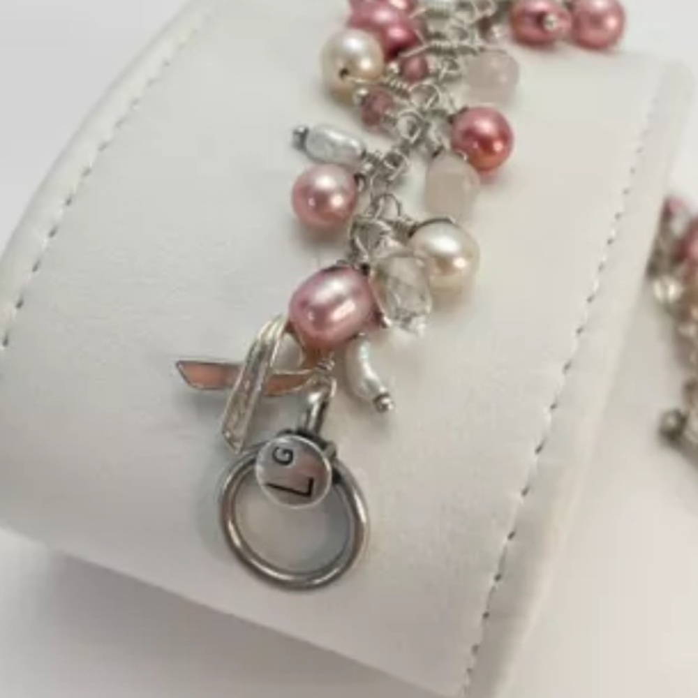 Sterling Silver & Pearls 7.5" Bracelet Laura Gibson Breast Cancer Awareness - Picture 6 of 7